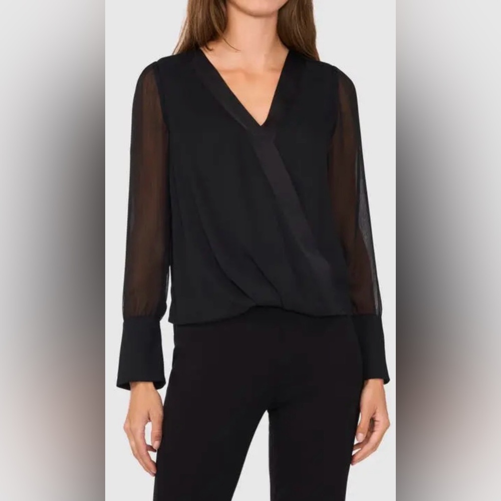 HALOGEN Faux Wrap Chiffon Top in Rich Black Size Large NWT